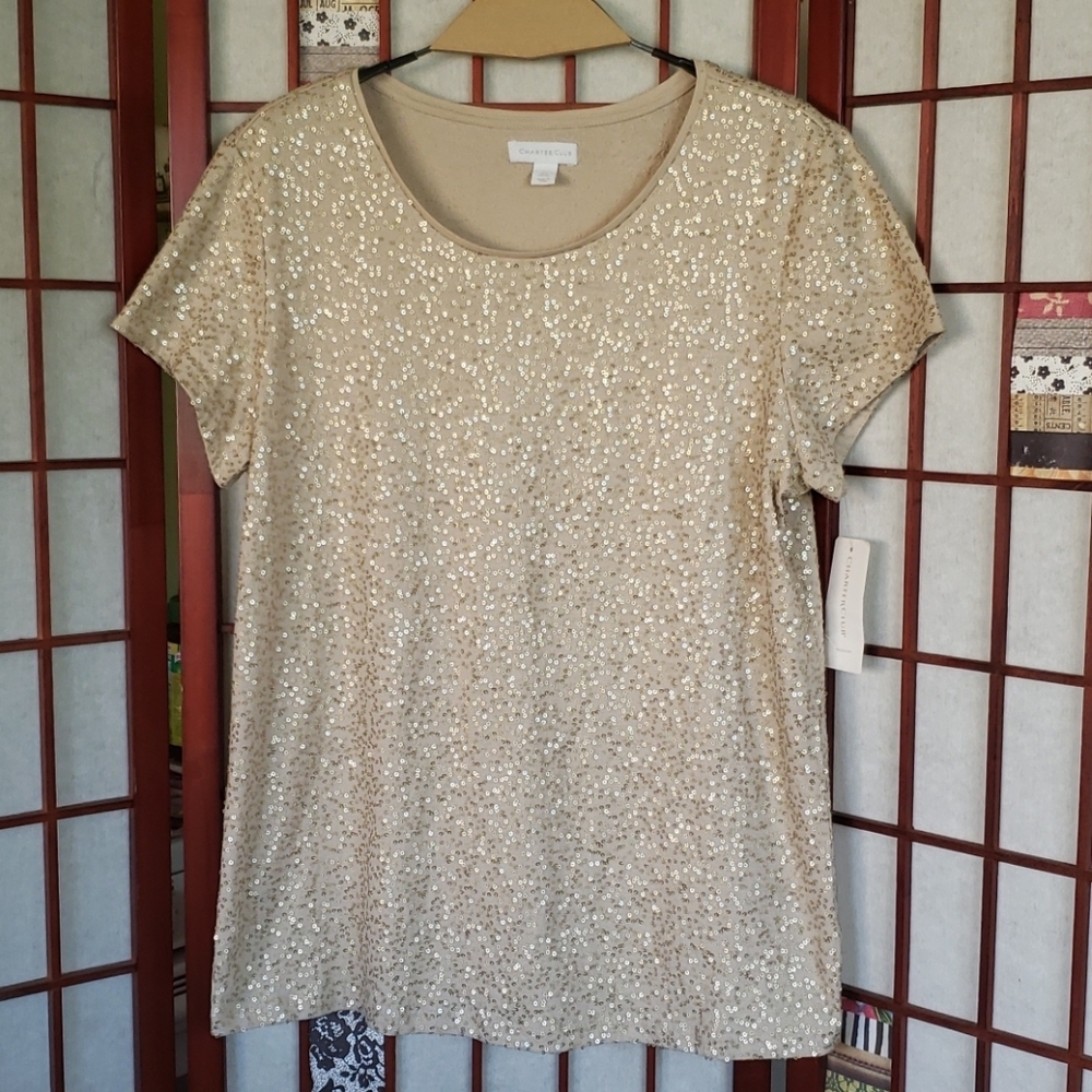 Charter club gold sequin short sleeves new woman  top size  large